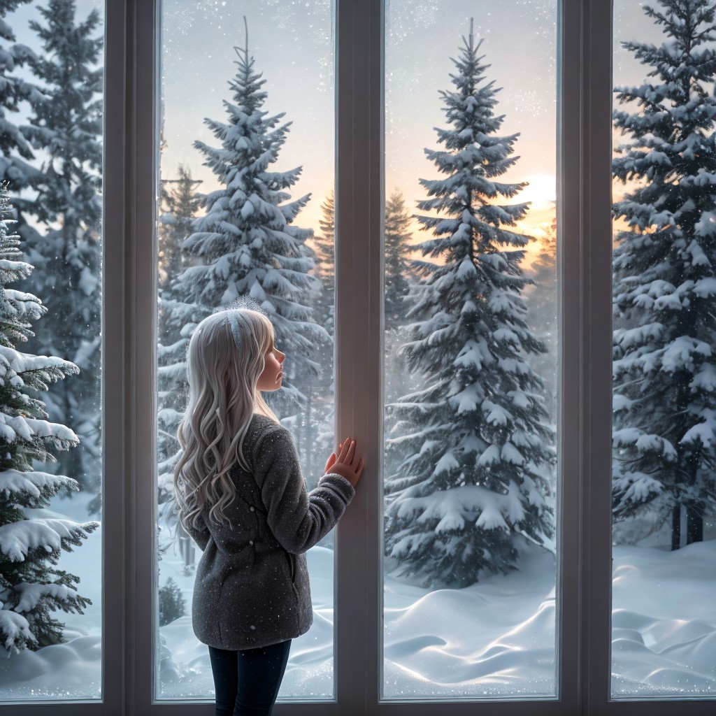 Young girl with silvery hair views winter landscape