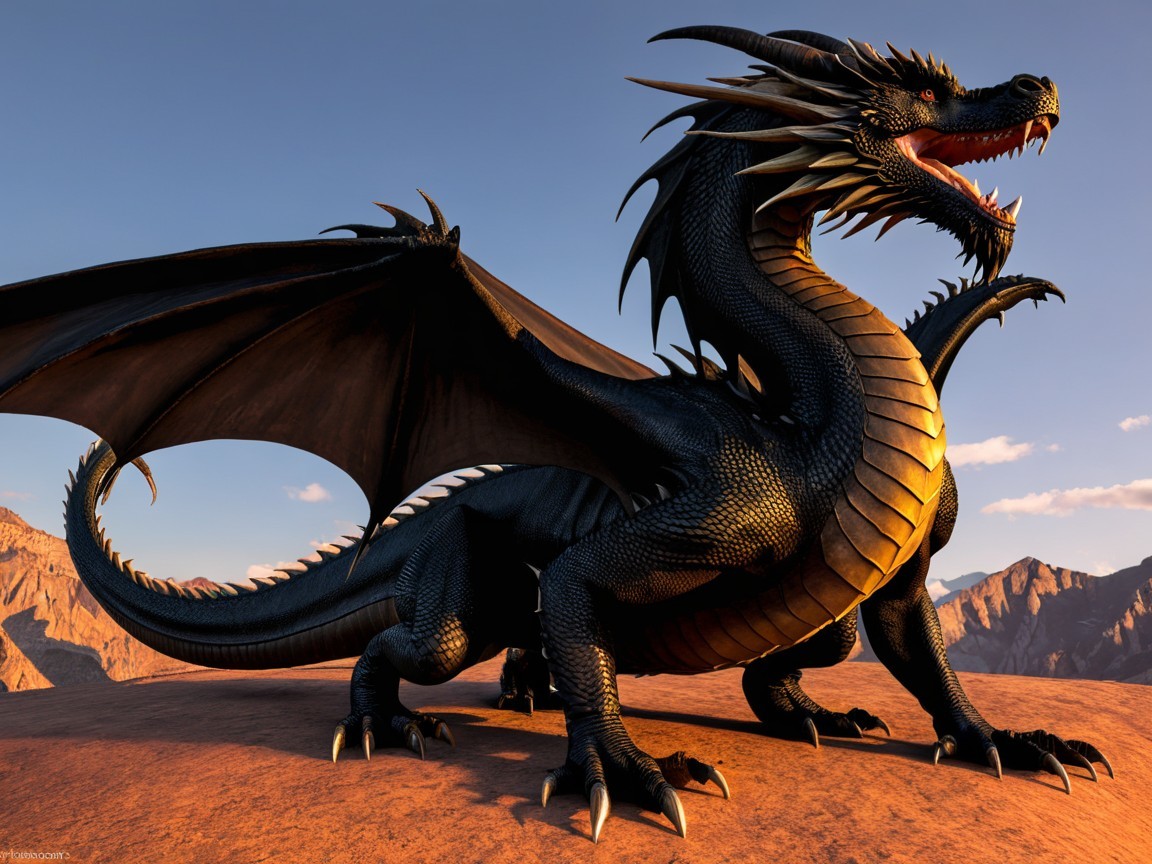 Majestic black dragon on rocky landscape with mountains