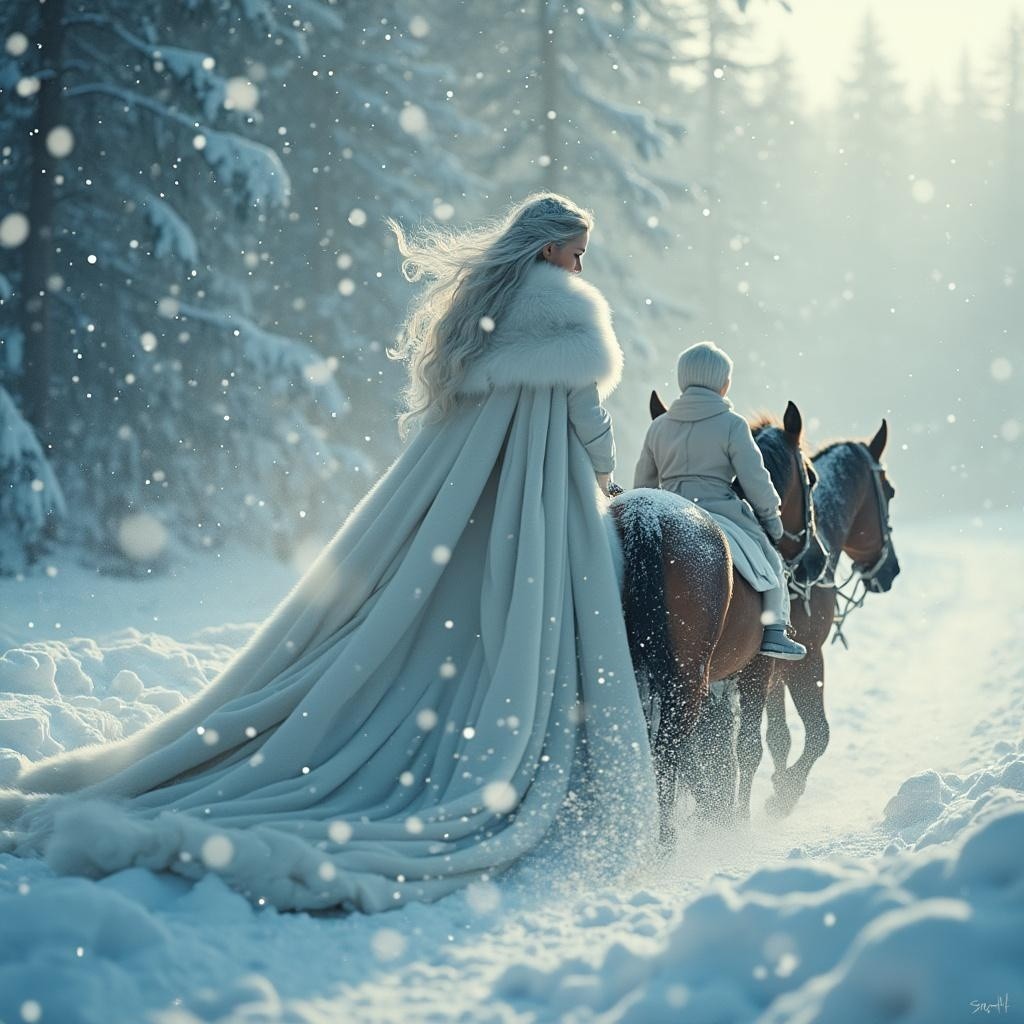 Winter Scene with Woman, Child, and Horse in Snow
