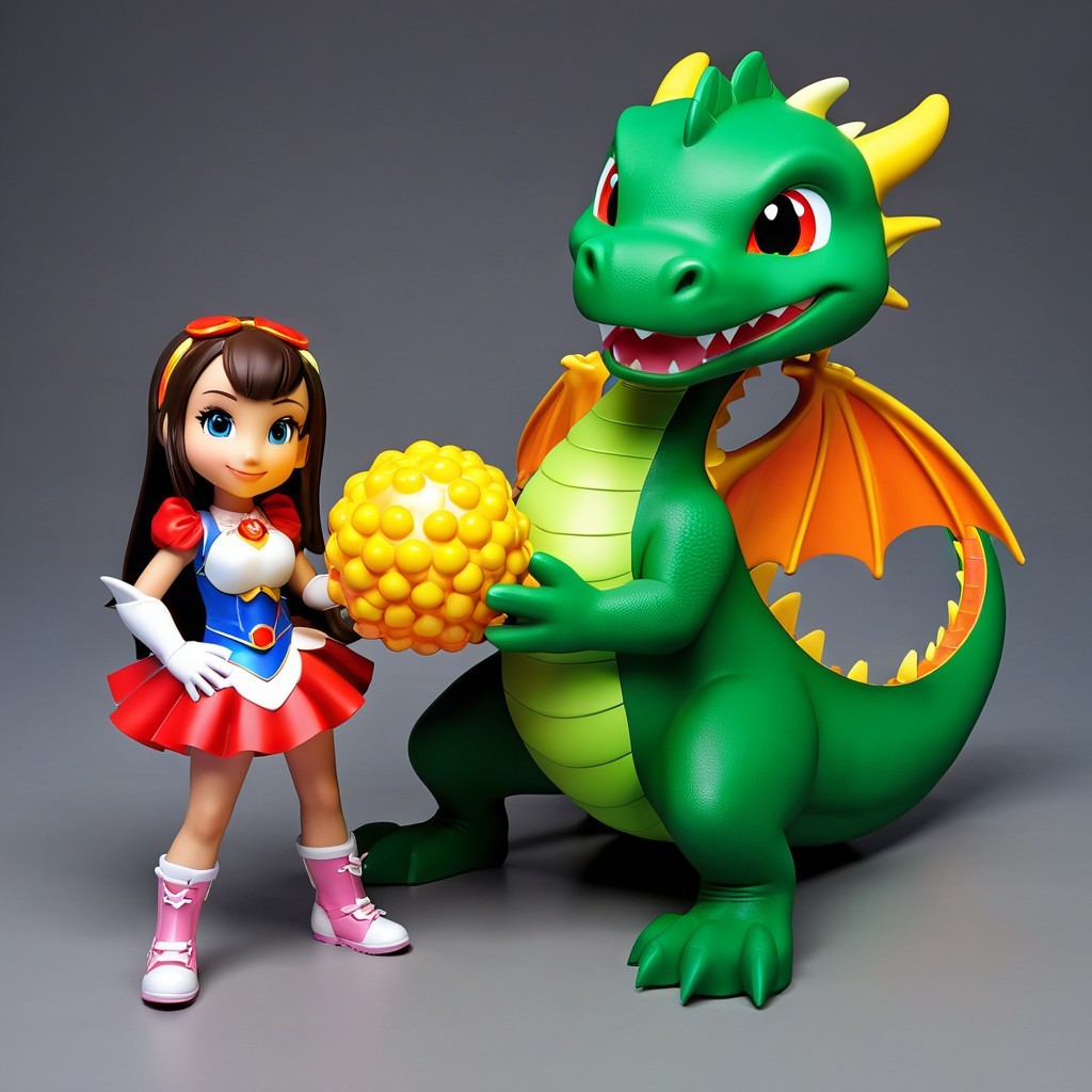 Cheerful girl and friendly green dragon in playful scene