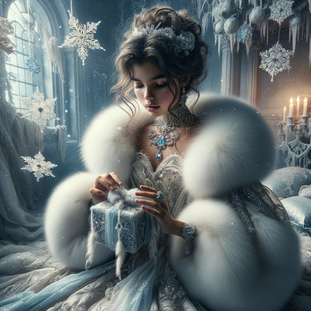 Young Woman in Gown Contemplates Gift in Snowy Setting