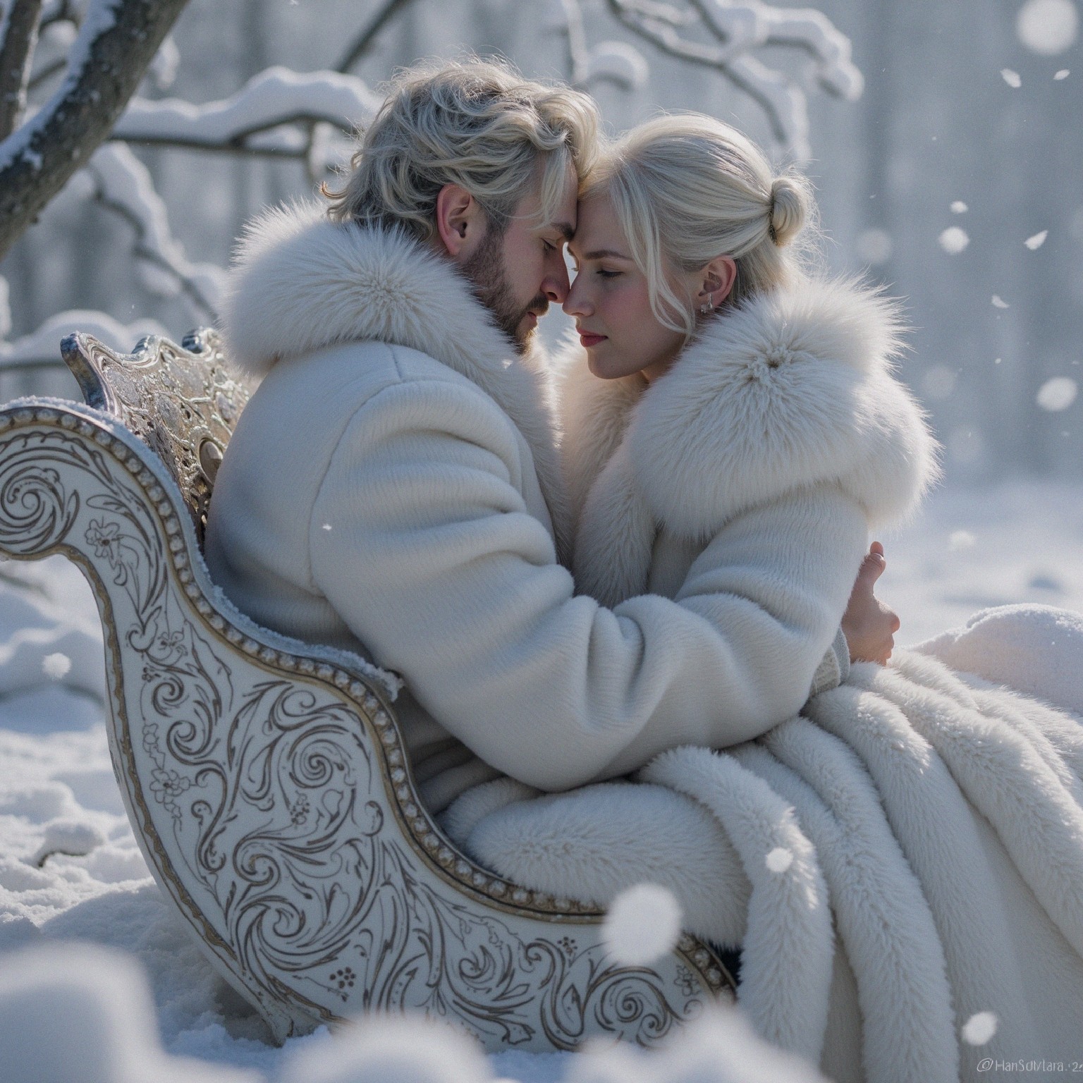 Couple in Luxurious Coats in Snowy Landscape