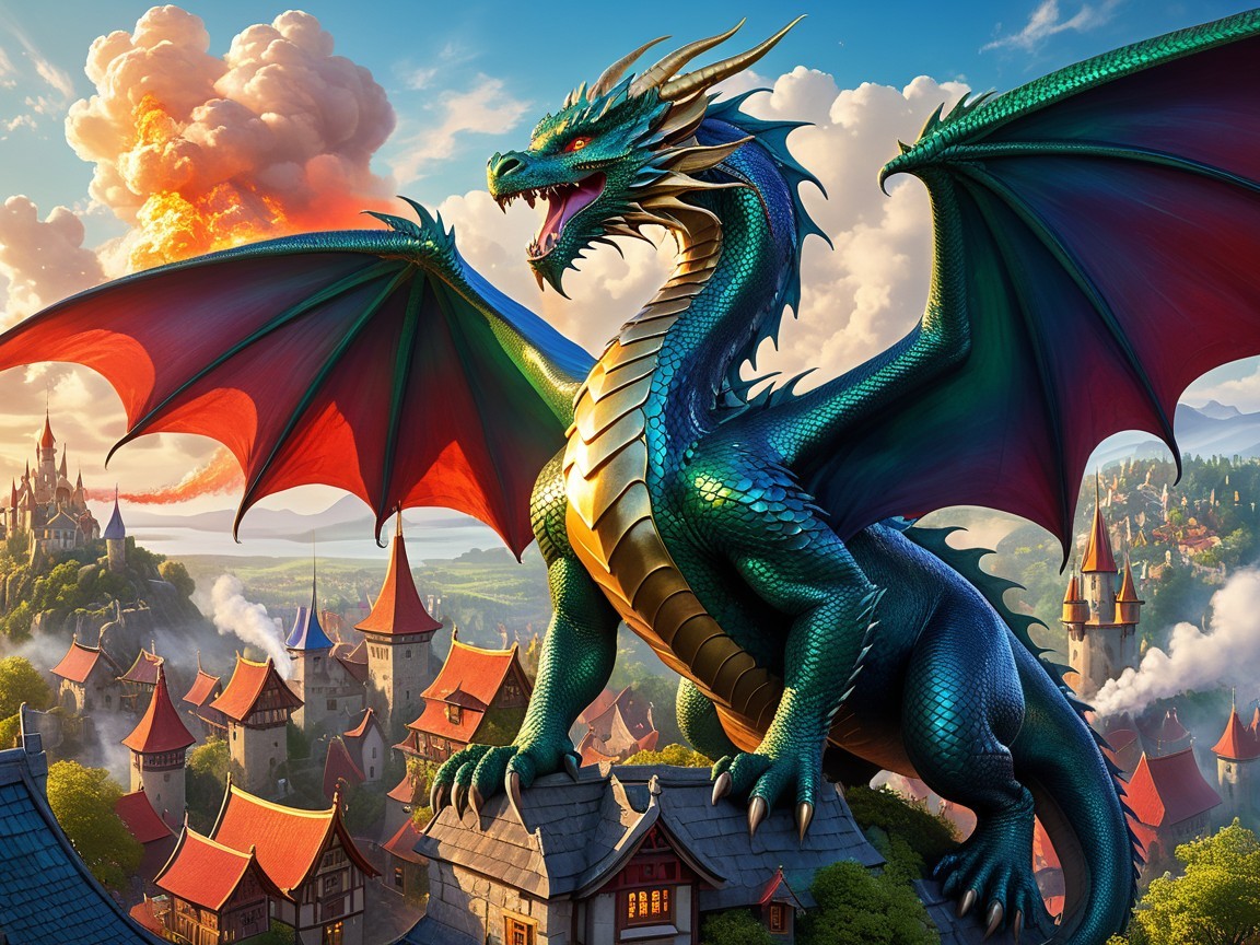 Majestic dragon overlooking a quaint village landscape