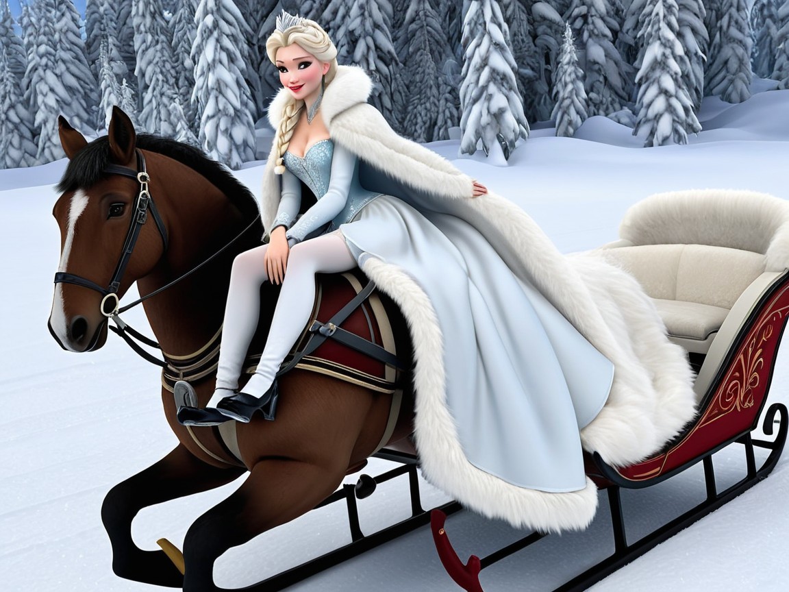 Winter Scene with Snow Queen on Horse and Sleigh