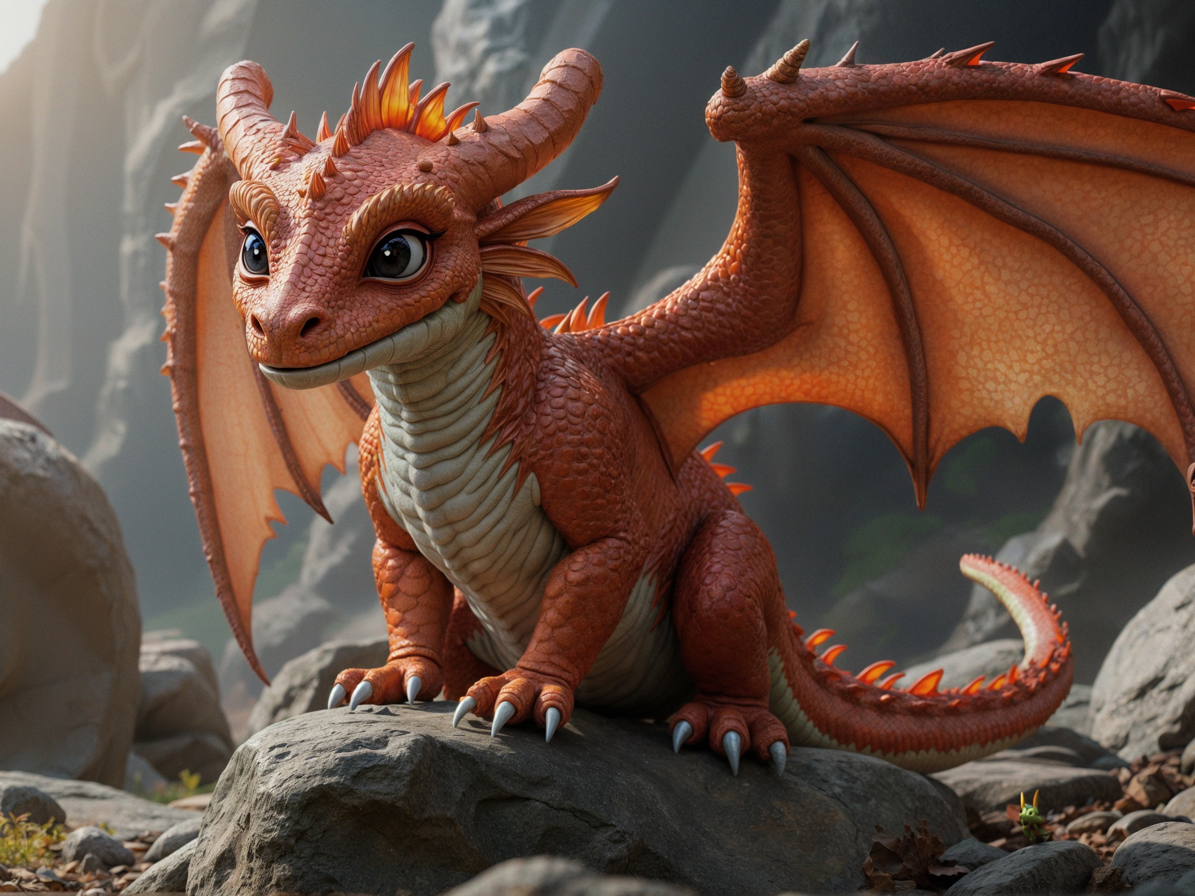 Cartoon Dragon with Orange Scales in Rocky Landscape