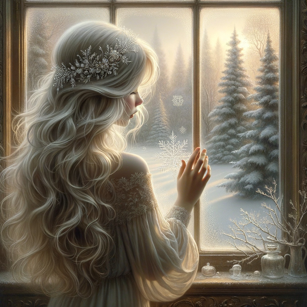 Young woman in gown gazes out frosty window scene