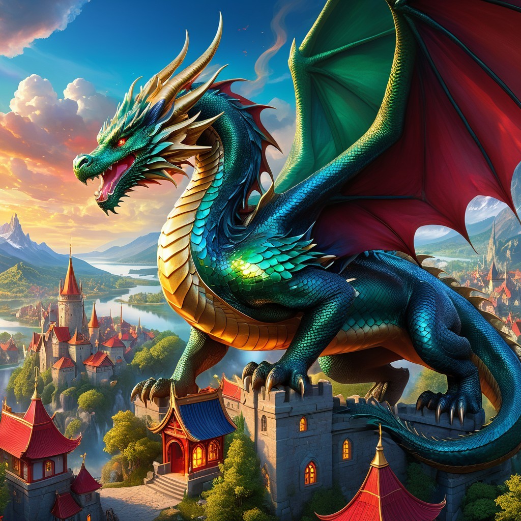 Colorful Dragon on Castle Turret Overlooking Landscape