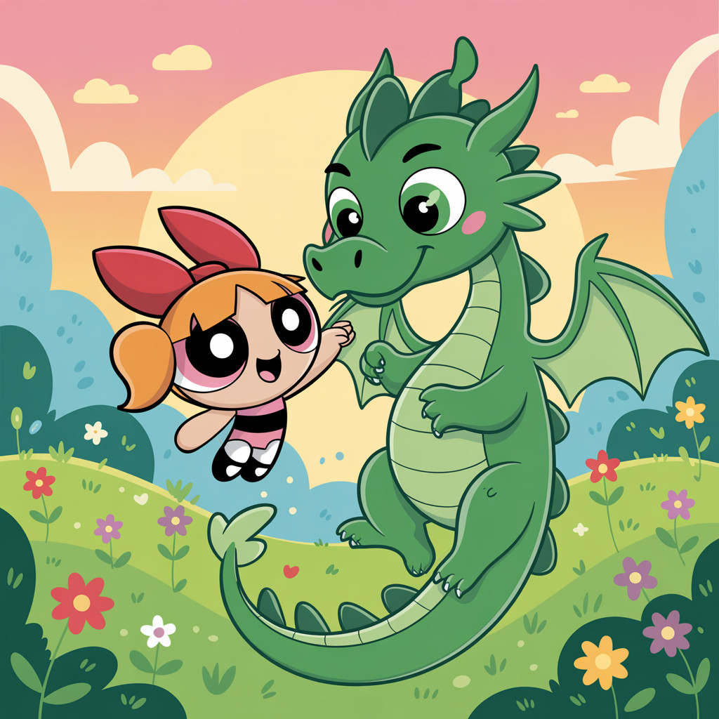 Cheerful girl interacts with friendly green dragon in landscape
