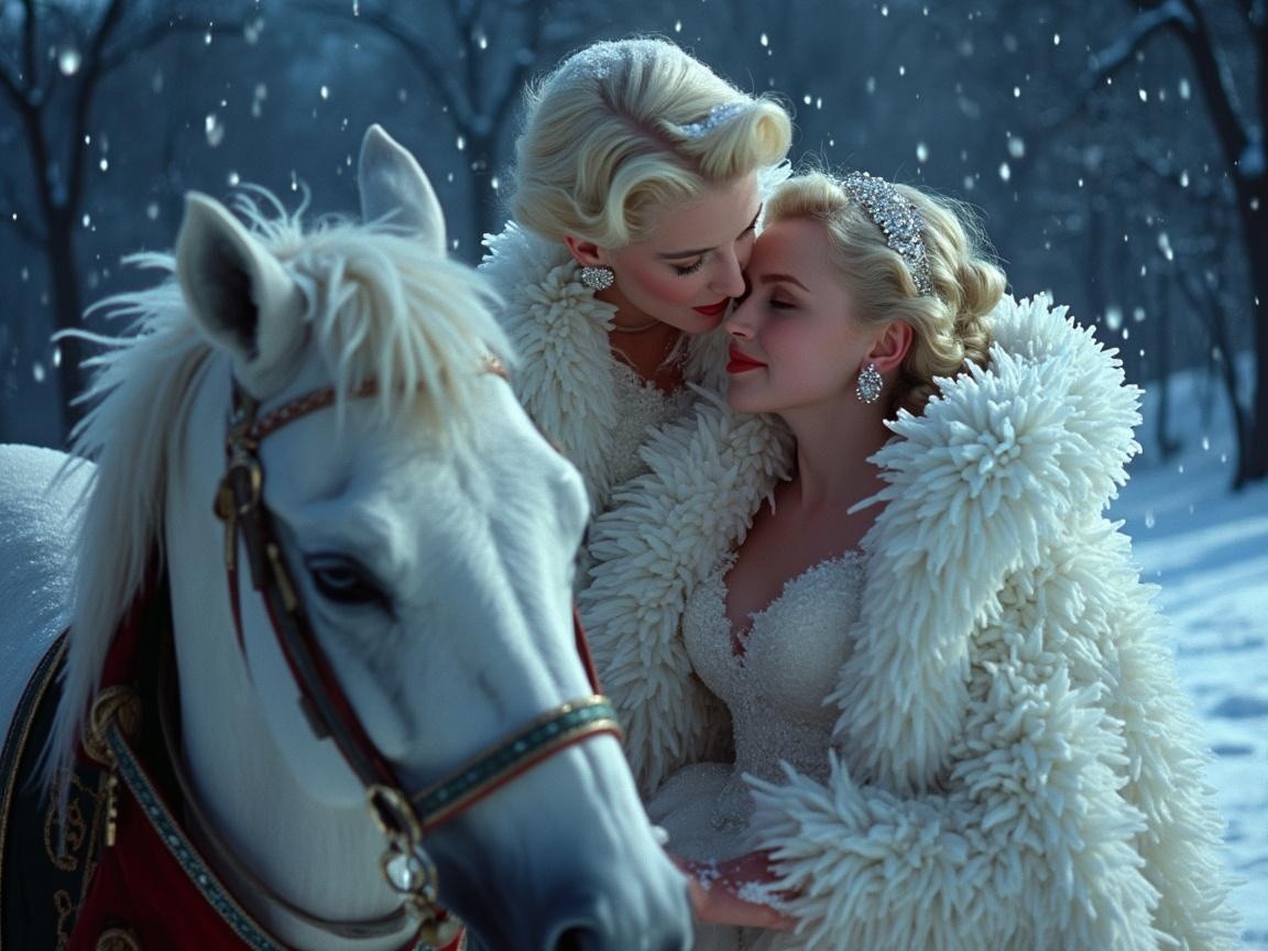 Elegant Women in Fur Coats in Winter Wonderland