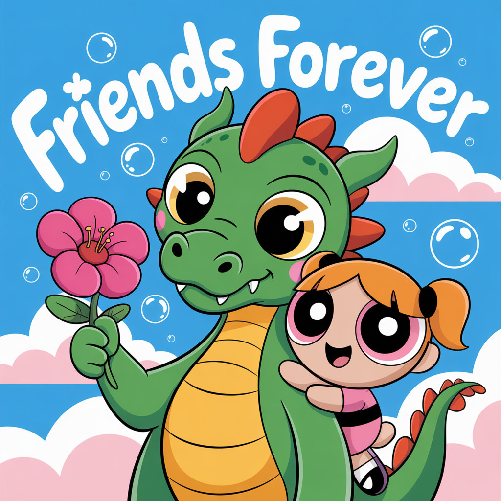 Cheerful Dragon and Girl Illustration with Blue Sky