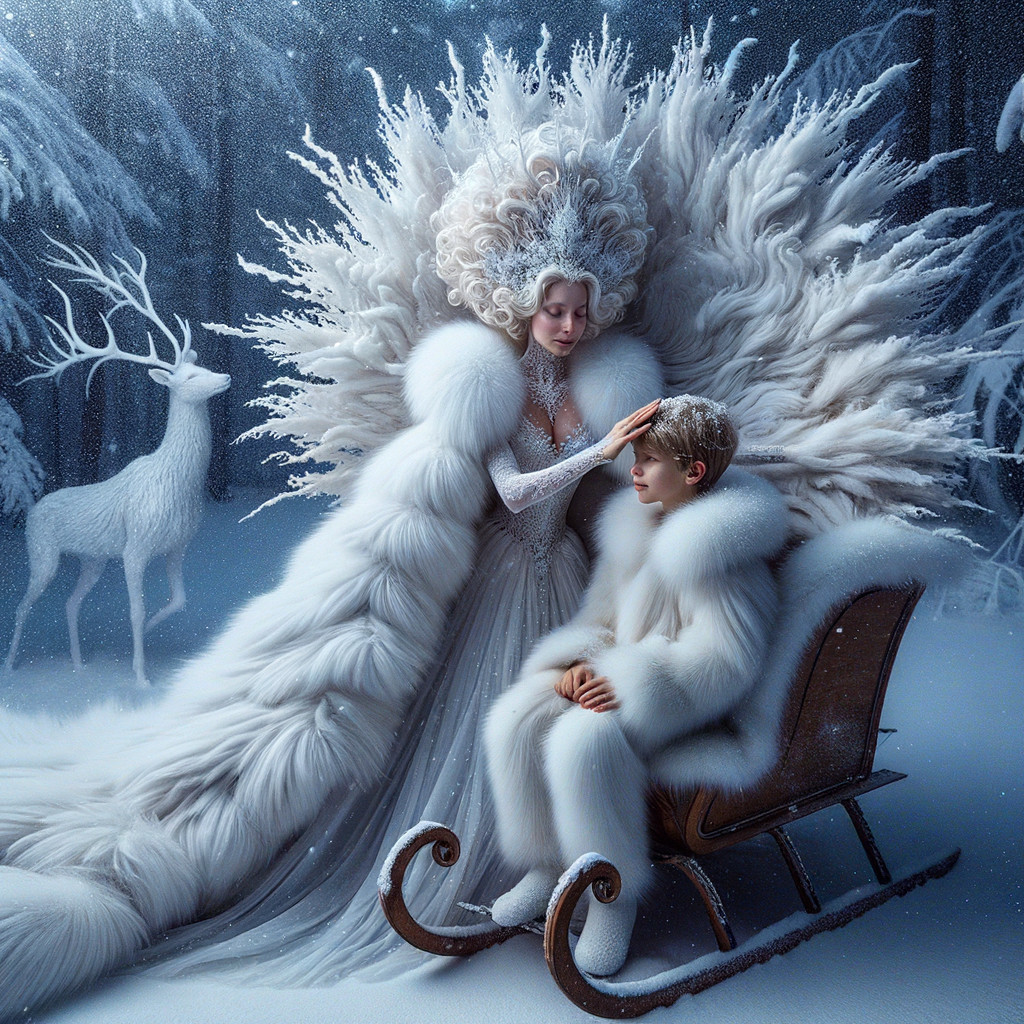 Regal figure in fur on sleigh in snowy forest scene