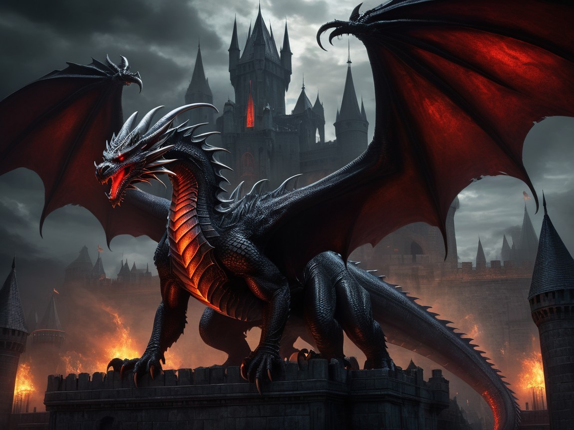 Black Dragon on Dark Fortress with Medieval Castle