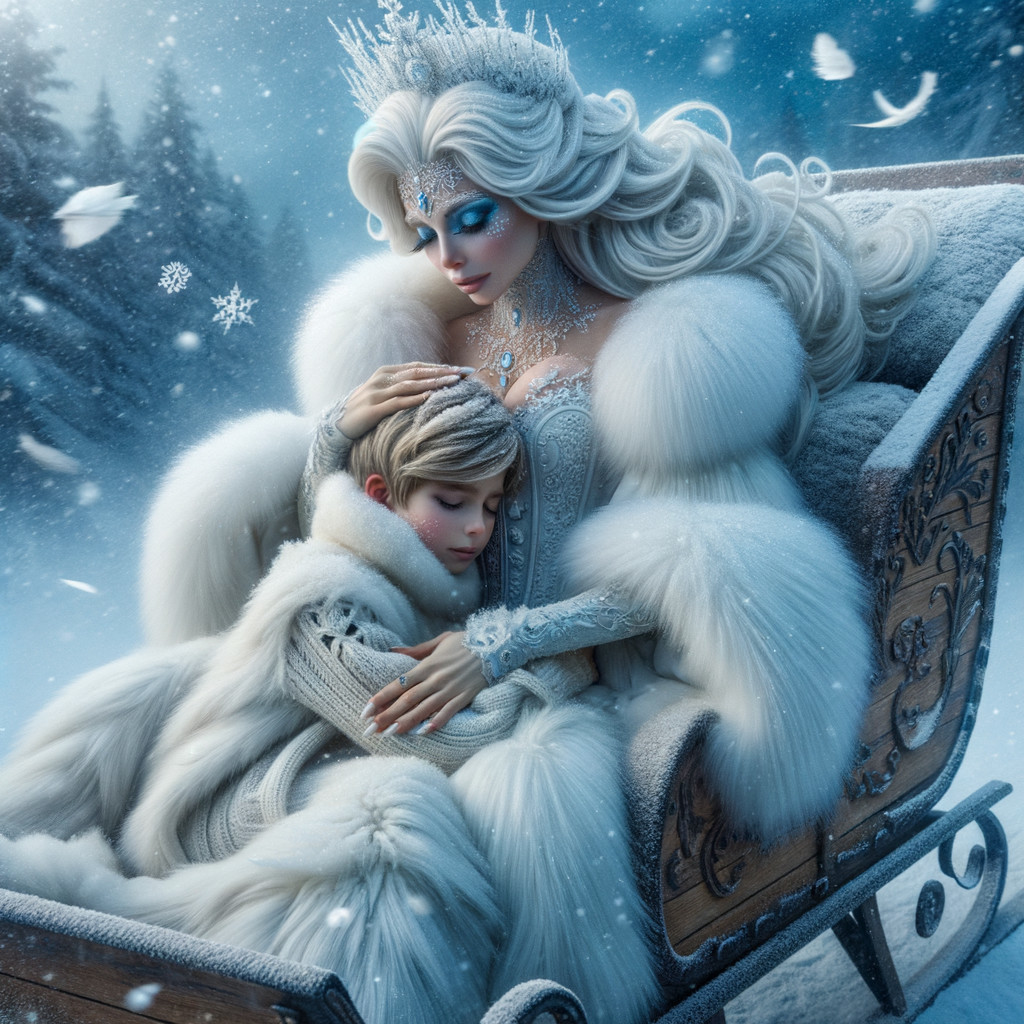Regal Woman and Child in Snowy Winter Scene
