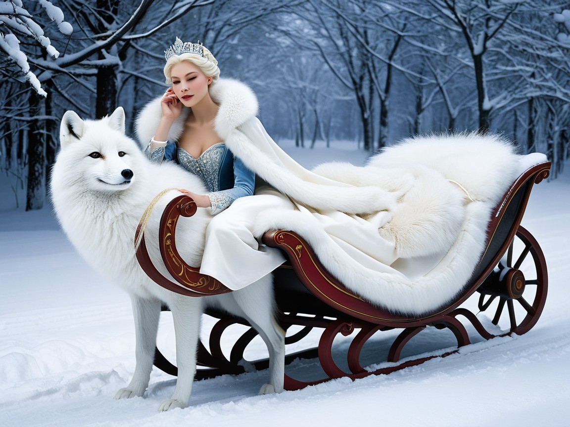 Regal Figure in Sleigh with White Wolf in Snowy Landscape