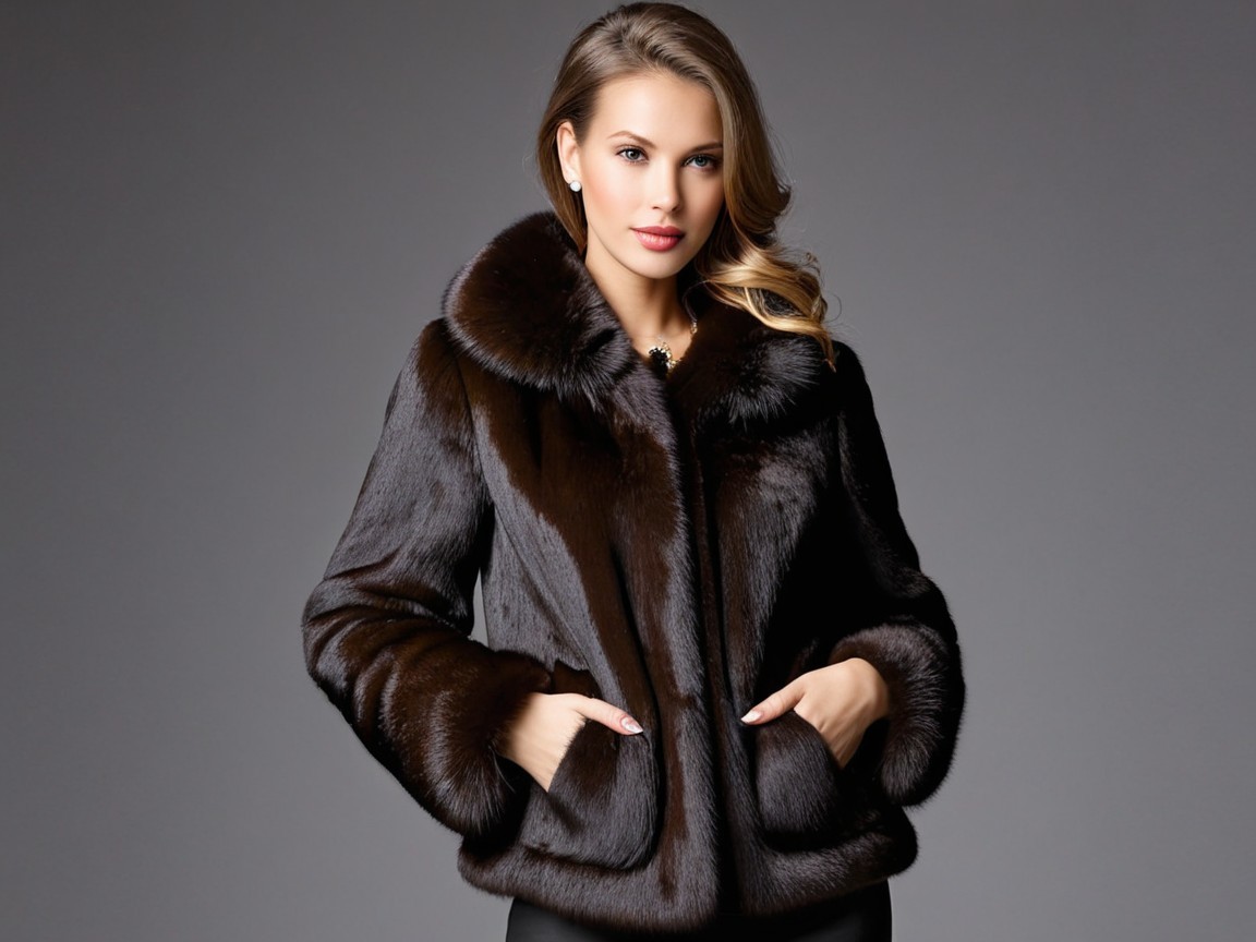 Stylish Woman in Luxurious Dark Fur Jacket with Collar