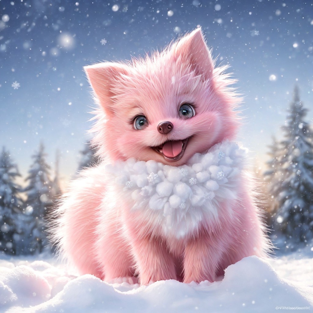 Whimsical Pink Fox in a Snowy Winter Landscape