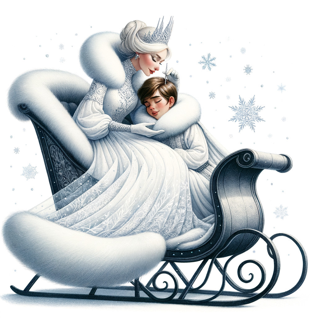 Winter Scene of Woman in White Gown with Child in Sled