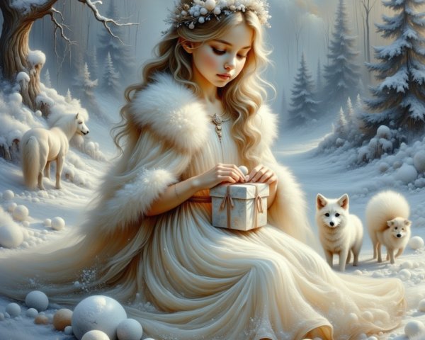 Winter Landscape with Girl, Gift, and Foxes