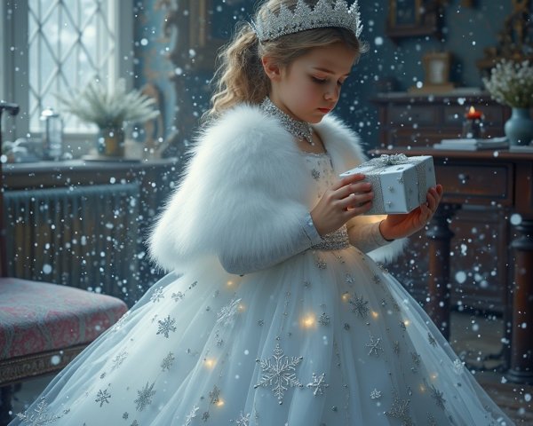 Young girl in white gown with snowflakes and gift