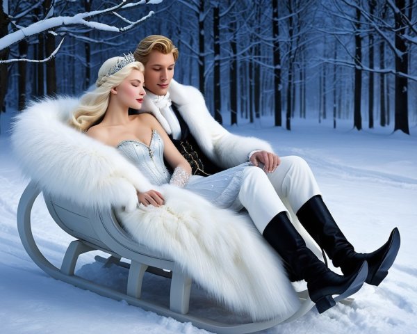 Winter Landscape with Couple on Elegant Sled