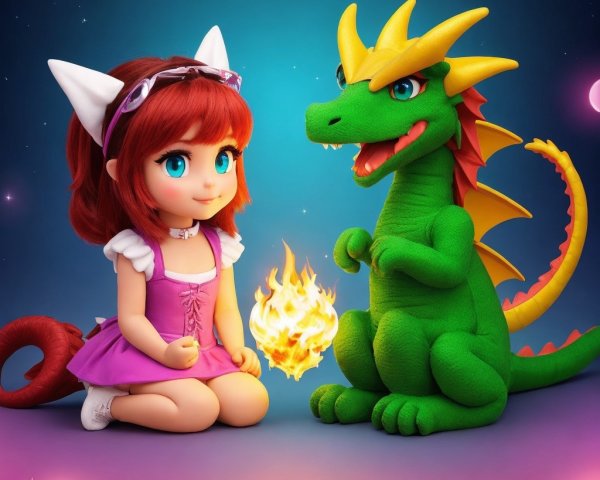 Whimsical Scene of Girl and Playful Dragon