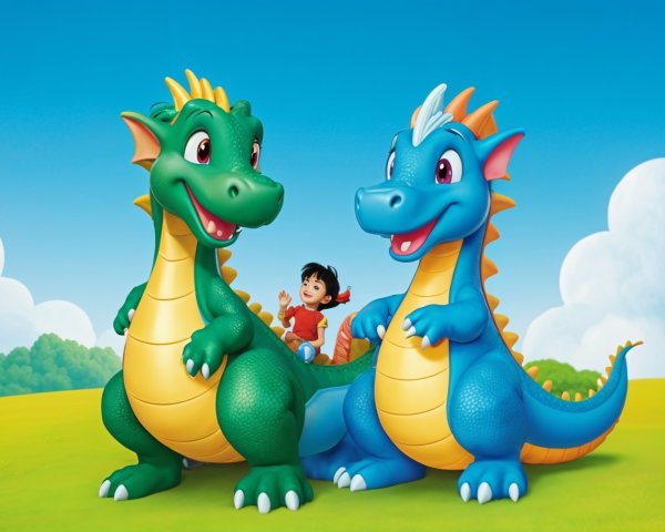 Dragons and Child in a Whimsical Cartoon Landscape
