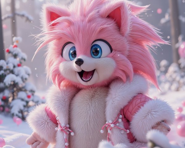 Cartoon Character in Snowy Landscape with Pink Fur