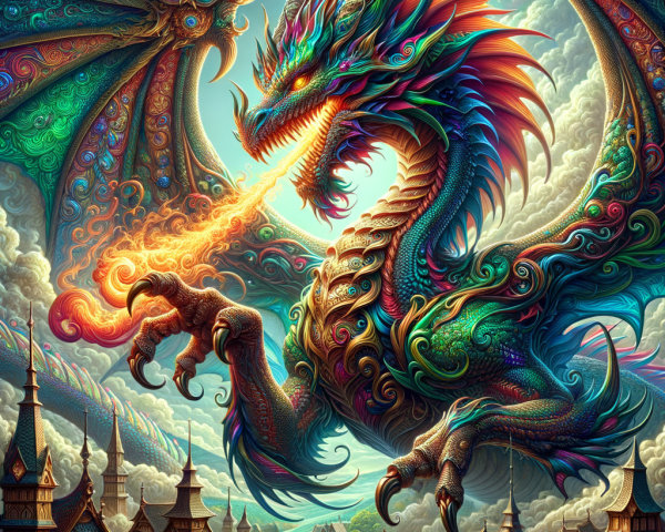Colorful dragon breathing fire over a serene village