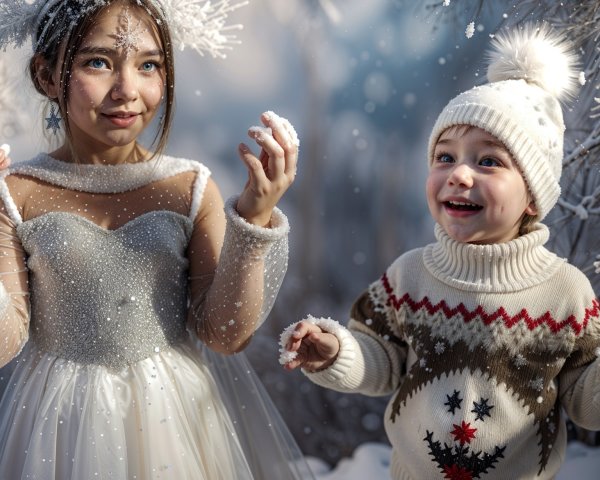 Winter Scene with Children in Festive Attire