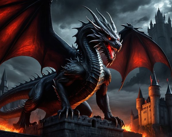 Black Dragon on Castle Wall with Stormy Sky