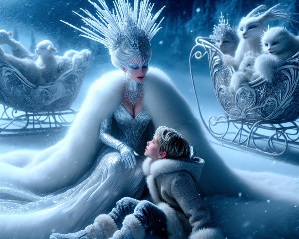 Regal ice queen in winter scene with snow bunnies