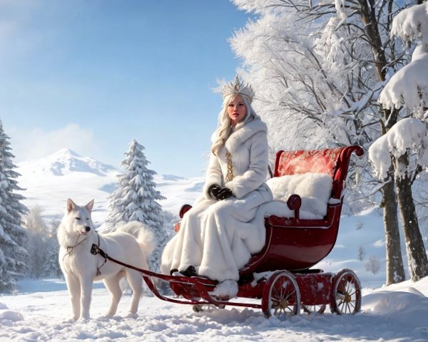 Regal Figure in White Fur Coat in Snowy Landscape