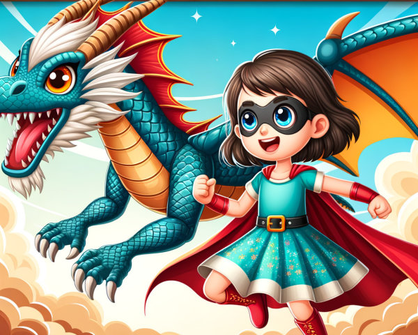 Young girl in superhero outfit with blue dragon