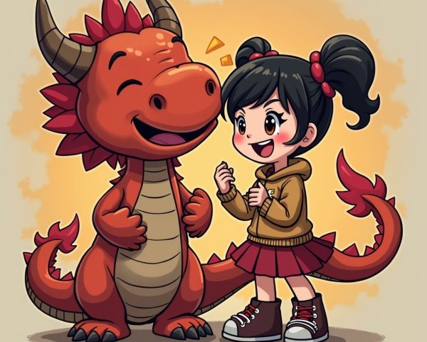 Cheerful girl interacts with friendly cartoon red dragon