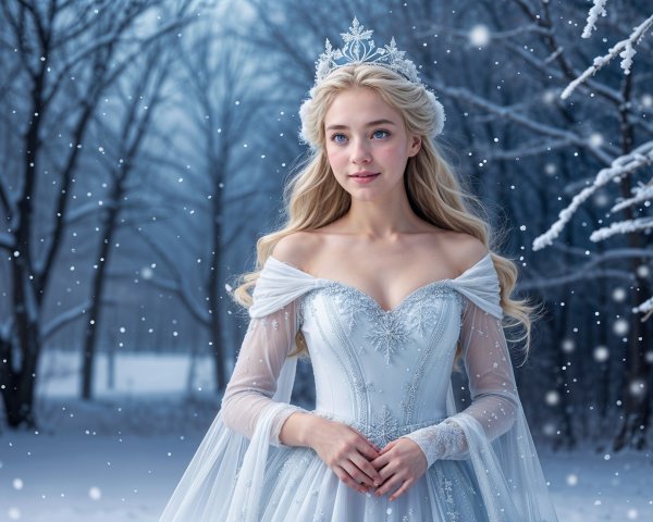 Young Woman in Ice-Blue Gown in Snowy Forest