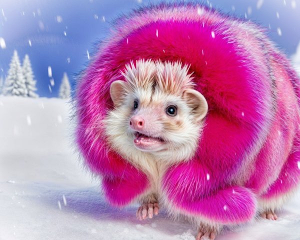 Whimsical Hedgehog in Snowy Landscape with Fur Coat