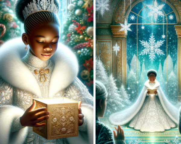 Young girl in white gown in winter palace setting
