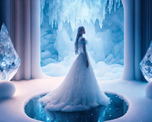 Graceful figure in icy realm with shimmering gown
