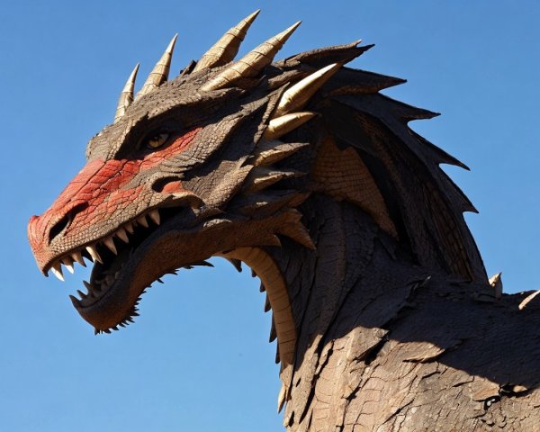 Majestic dragon with fierce profile against blue sky