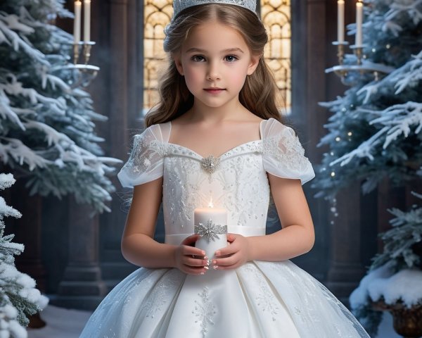 Young girl in white gown in snowy enchanted setting