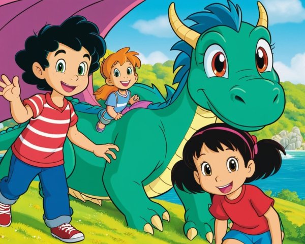 Colorful Scene of Children and Friendly Green Dragon