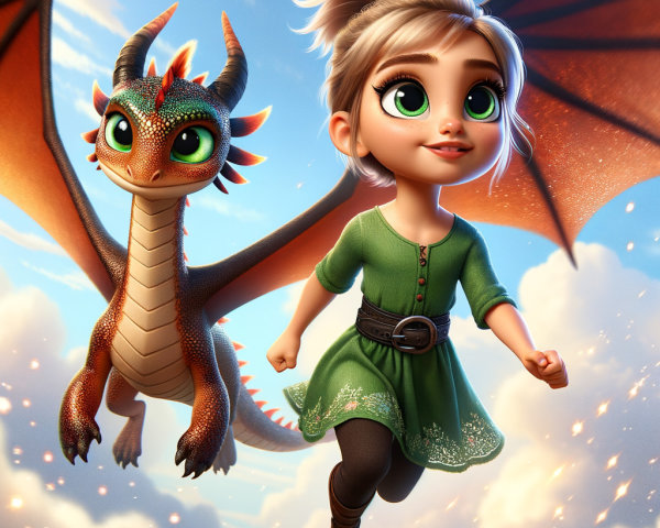 Young girl and friendly dragon flying in blue sky