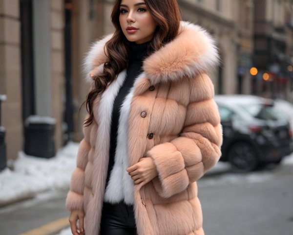 Stylish Woman in Beige Fur Coat in Snowy Urban Setting