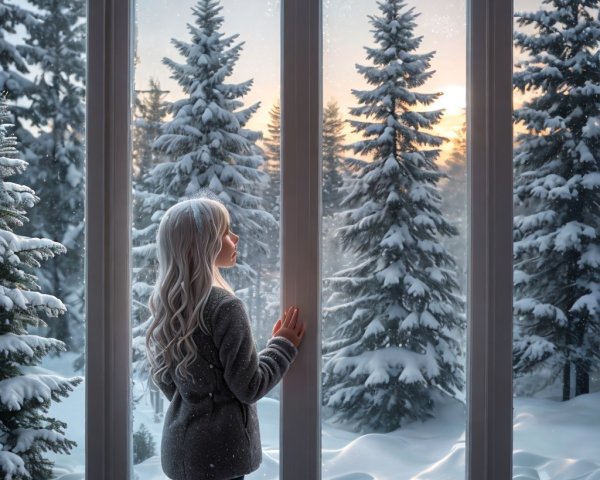 Young girl with silvery hair views winter landscape