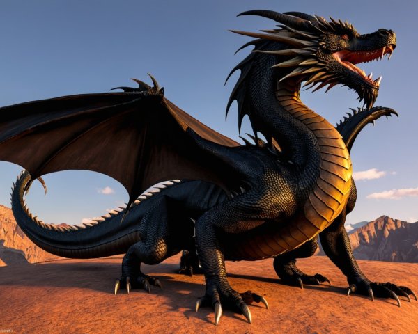 Majestic black dragon on rocky landscape with mountains