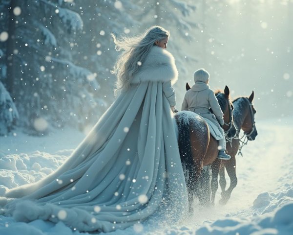 Winter Scene with Woman, Child, and Horse in Snow