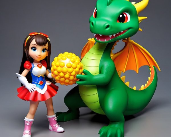 Cheerful girl and friendly green dragon in playful scene