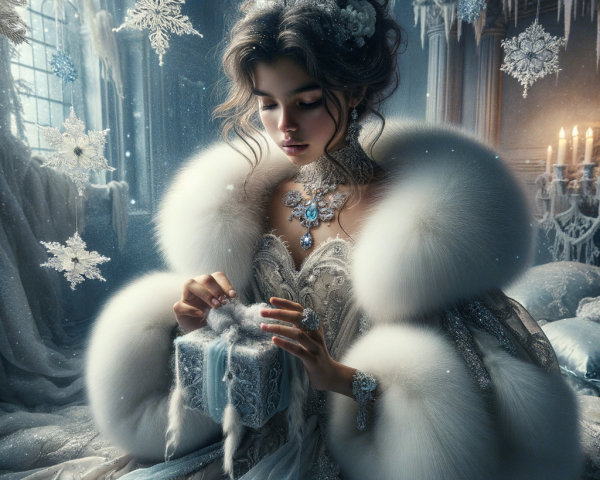 Young Woman in Gown Contemplates Gift in Snowy Setting