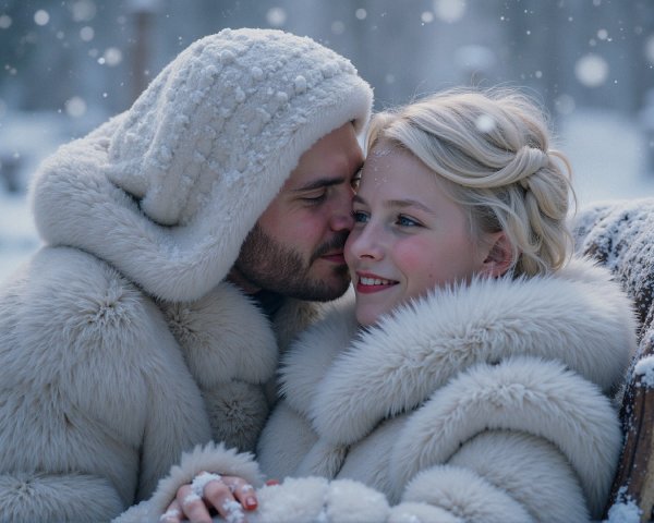 Couple in Fur Coats in Romantic Winter Wonderland