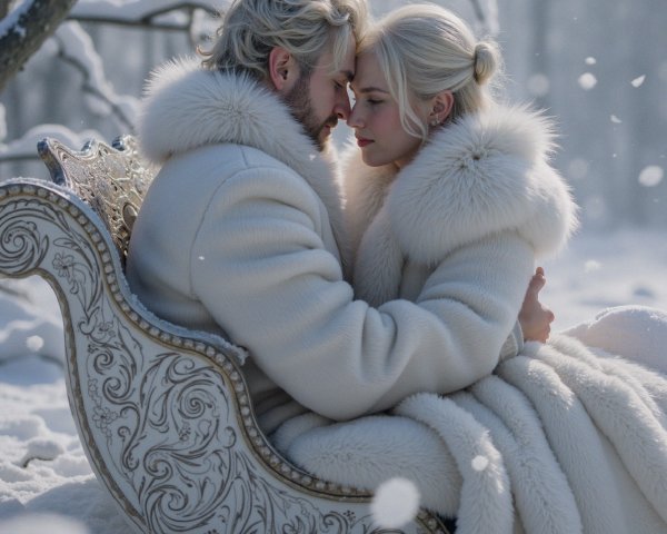 Couple in Luxurious Coats in Snowy Landscape